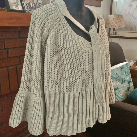 "POL" sweater, M-L, tie neck, taupe - Picture 1 of 10